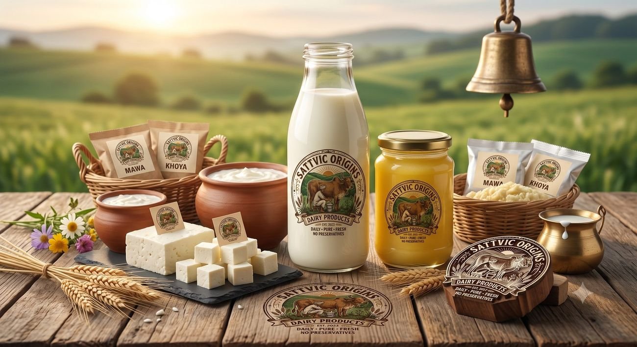Sattvic Origins milk, ghee, paneer, curd and khoya laid out on a wooden table